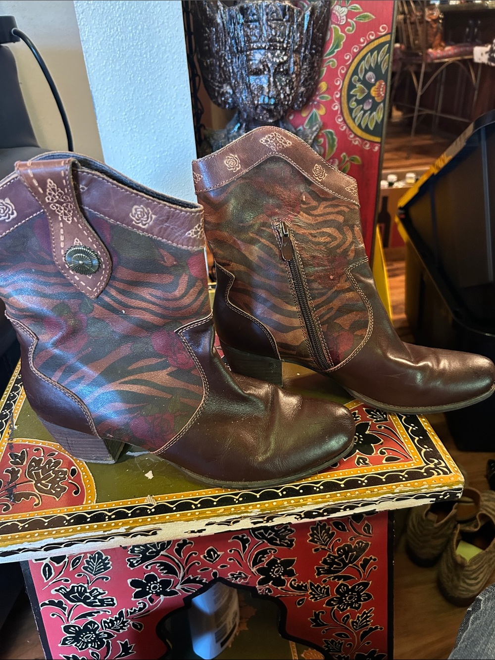 Spring Step Brown Western-Inspired Ankle Boots with Patterned Panels